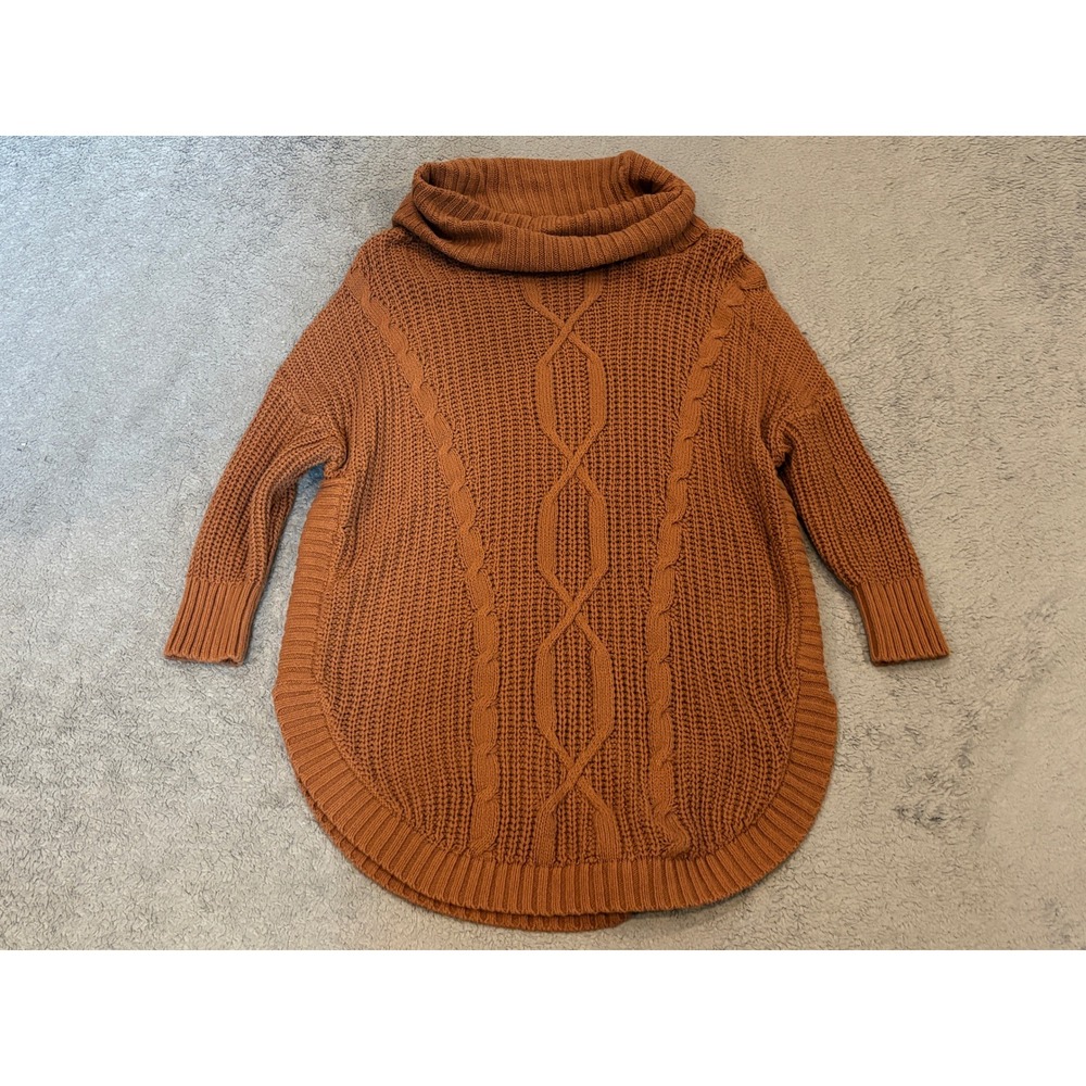Express Womens Rust Brown Cable Knit Cowl Neck High Low Sweater Medium